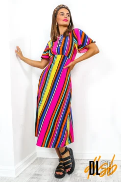 Lets Split - Black Multi Stripe Midi Dress -Glamoros Clothing Shop 0G7A3718