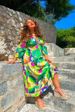 A Perfect Getaway - Green Multi Abstract Floral Midi Dress