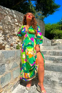 A Perfect Getaway - Green Multi Abstract Floral Midi Dress -Glamoros Clothing Shop A Perfect Getaway Green Multi Abstract Floral Midi Dress