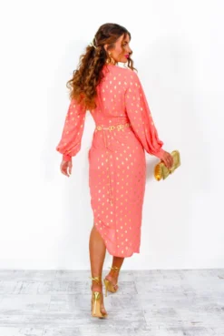 A Class Of Your Own - Peach Gold Spot Midi Dress -Glamoros Clothing Shop AClassOfYourOwn PeachGoldSpotMidiDress7