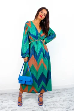 A Way Of Life - Green Blue Glitter Stripe Midi Dress
