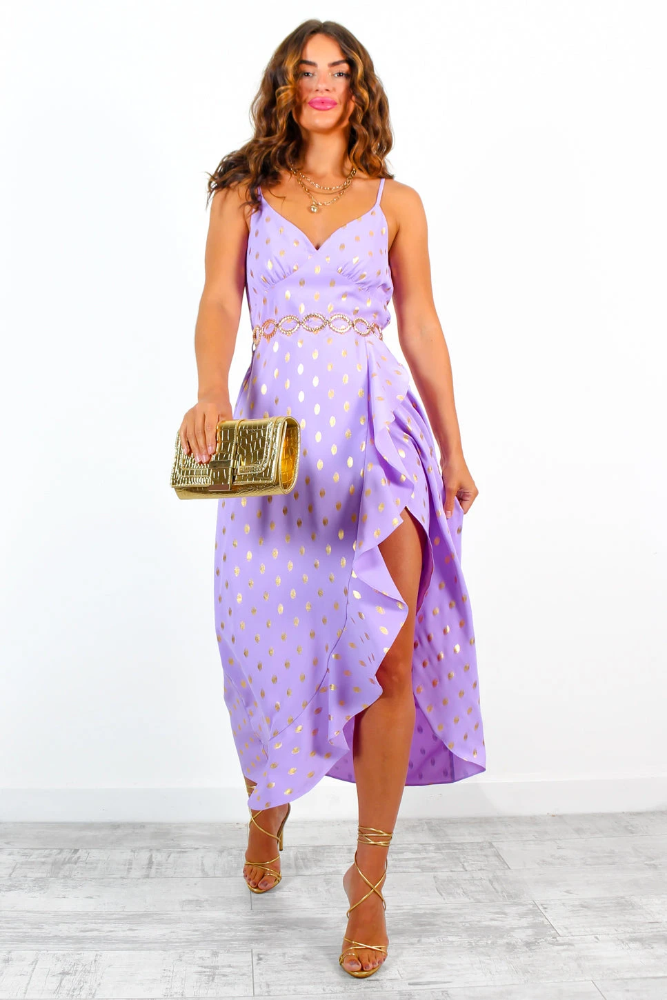 All Eyes On Her - Lilac Gold Foil Spot Frilled Maxi Dress 6 All Eyes On Her - Lilac Gold Foil Spot Frilled Maxi Dress - Image 6