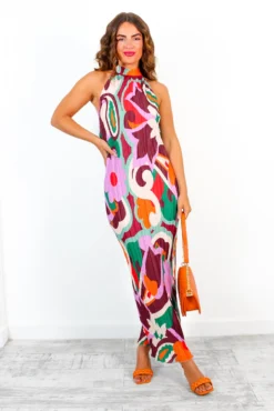 All That Matters - Multi Abstract Floral Plisse Halter Neck Maxi Dress -Glamoros Clothing Shop AllThatMatters MultiAbstractFloralPlisseHalterNeckMaxiDress 1