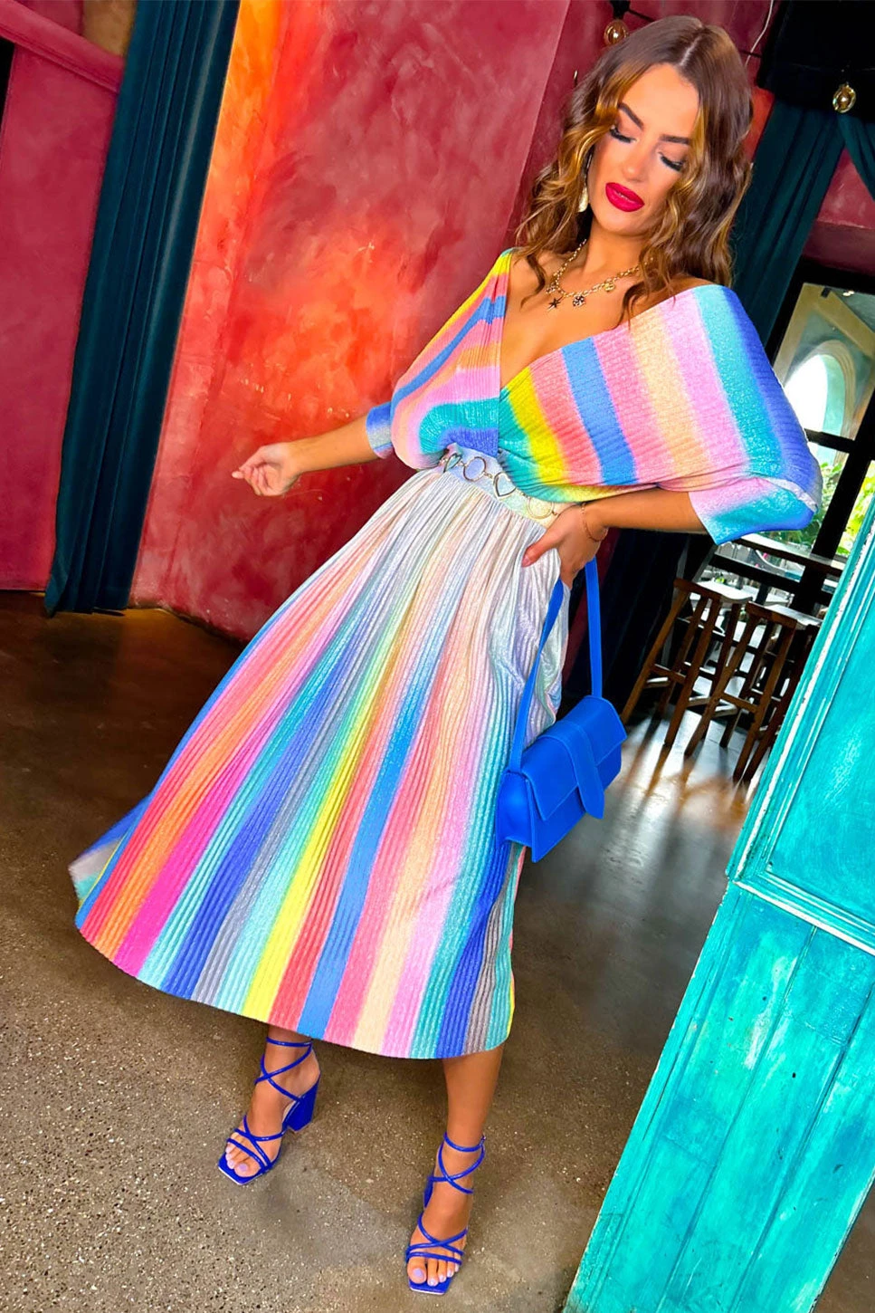Always Be You - Rainbow Stripe Pleated Midi Dress 2 Always Be You - Rainbow Stripe Pleated Midi Dress - Image 2