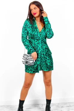 Always A Twist - Forest Leopard Satin Mini Shirt Dress