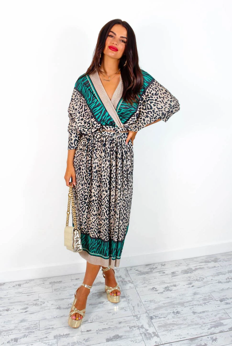 Always Be You - Green Beige Leopard Pleated Midi Dress 6 Always Be You - Green Beige Leopard Pleated Midi Dress - Image 6