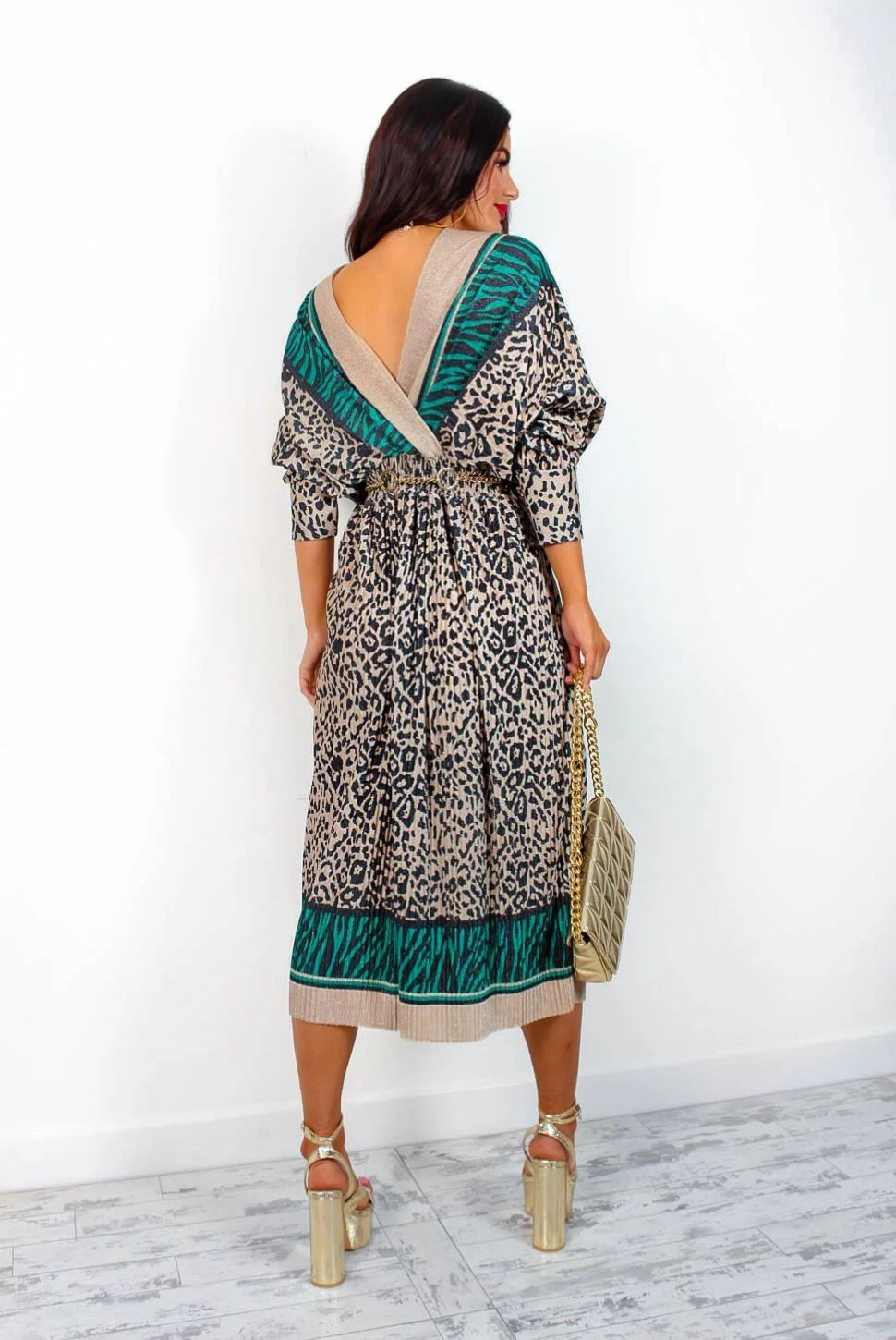 Always Be You - Green Beige Leopard Pleated Midi Dress 5 Always Be You - Green Beige Leopard Pleated Midi Dress - Image 5