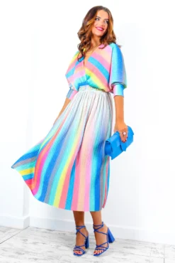 Always Be You - Rainbow Stripe Pleated Midi Dress 18 Always Be You - Rainbow Stripe Pleated Midi Dress -Glamoros Clothing Shop AlwaysBeYou RainbowStripePleatedMidiDress 2