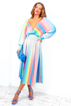 Always Be You - Rainbow Stripe Pleated Midi Dress 16 Always Be You - Rainbow Stripe Pleated Midi Dress -Glamoros Clothing Shop AlwaysBeYou RainbowStripePleatedMidiDress 6
