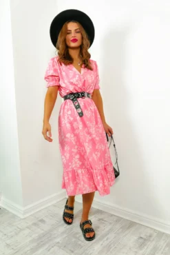 Always Blossoming - Pink Leaf Print Midi Dress -Glamoros Clothing Shop AlwaysBlossoming PinkLeafPrintMidiDress2