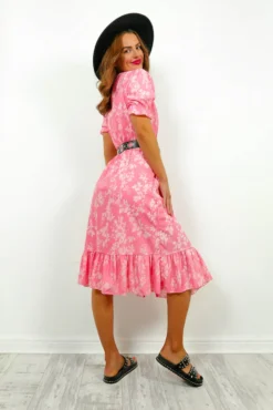 Always Blossoming - Pink Leaf Print Midi Dress -Glamoros Clothing Shop AlwaysBlossoming PinkLeafPrintMidiDress3