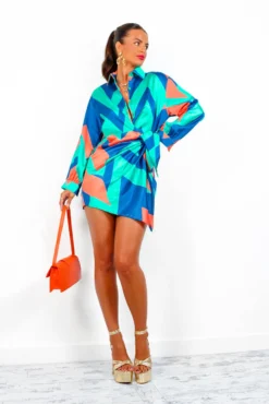 Always That Girl - Green Orange Geometric Mini Wrap Dress