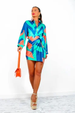 Always That Girl - Green Orange Geometric Mini Wrap Dress -Glamoros Clothing Shop AlwaysThatGirl GreenOrangeGeometricMiniWrapDress2