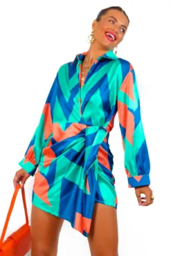 Always That Girl - Green Orange Geometric Mini Wrap Dress -Glamoros Clothing Shop AlwaysThatGirl GreenOrangeGeometricMiniWrapDress3