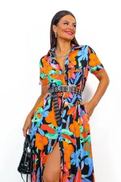 Angel In Me - Black Multi Tropical Maxi Shirt Dress