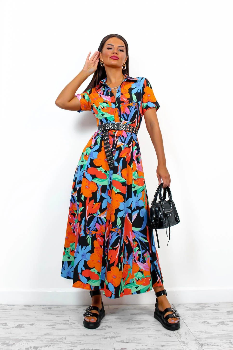 Angel In Me - Black Multi Tropical Maxi Shirt Dress 2 Angel In Me - Black Multi Tropical Maxi Shirt Dress - Image 2