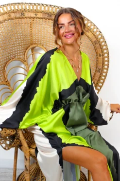 Anything But Ordinary - Khaki Lime Monochrome Abstract Print Batwing Midi Dress -Glamoros Clothing Shop AnythingButOrdinary KhakiLimeMonochromeAbstractPrintBatwingMidiDress 1