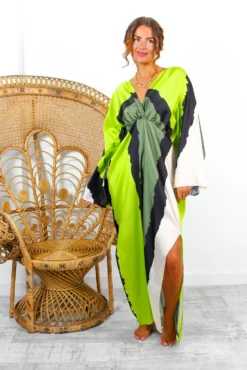 Anything But Ordinary - Khaki Lime Monochrome Abstract Print Batwing Midi Dress -Glamoros Clothing Shop AnythingButOrdinary KhakiLimeMonochromeAbstractPrintBatwingMidiDress 2