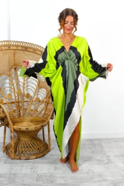 Anything But Ordinary - Khaki Lime Monochrome Abstract Print Batwing Midi Dress