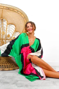 Anything But Ordinary - Pink Green Monochrome Abstract Print Batwing Midi Dress -Glamoros Clothing Shop AnythingButOrdinary PinkGreenMonochromeAbstractPrintBatwingMidiDress 1