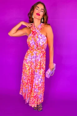 Artemis - Fuchsia Orange Animal Print Pleated Midi Dress