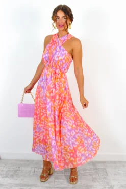 Artemis - Fuchsia Orange Animal Print Pleated Midi Dress -Glamoros Clothing Shop Artemis FuchsiaOrangeAnimalPrintPleatedMidiDress 1