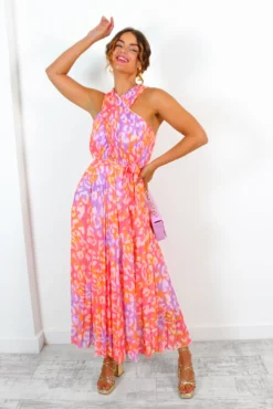 Artemis - Fuchsia Orange Animal Print Pleated Midi Dress -Glamoros Clothing Shop Artemis FuchsiaOrangeAnimalPrintPleatedMidiDress 3