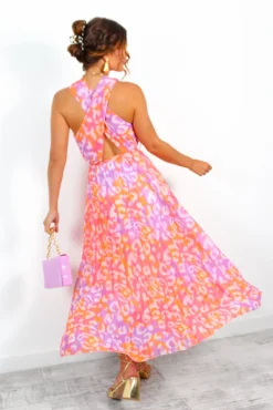 Artemis - Fuchsia Orange Animal Print Pleated Midi Dress -Glamoros Clothing Shop Artemis FuchsiaOrangeAnimalPrintPleatedMidiDress 4