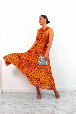 Artemis - Orange Fuchsia Leopard Pleated Maxi Dress -Glamoros Clothing Shop Artemis OrangeFuchsiaLeopardPleatedMaxiDress1