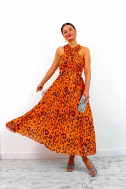 Artemis - Orange Fuchsia Leopard Pleated Maxi Dress -Glamoros Clothing Shop Artemis OrangeFuchsiaLeopardPleatedMaxiDress3