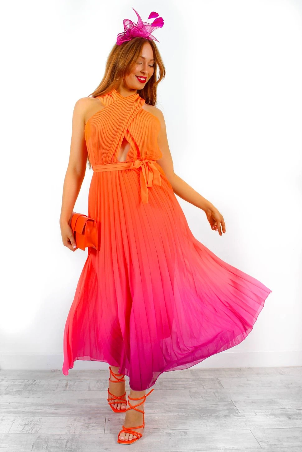 Artemis - Pink Orange Ombre Cross-Over Pleated Maxi Dress 5 Artemis - Pink Orange Ombre Cross-Over Pleated Maxi Dress - Image 5