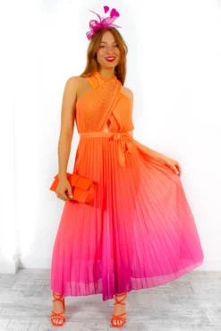 Artemis - Pink Orange Ombre Cross-Over Pleated Maxi Dress 13 Artemis - Pink Orange Ombre Cross-Over Pleated Maxi Dress -Glamoros Clothing Shop Artemis PinkOrangeOmbreCross OverPleatedMaxiDress 2
