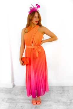 Artemis - Pink Orange Ombre Cross-Over Pleated Maxi Dress 11 Artemis - Pink Orange Ombre Cross-Over Pleated Maxi Dress -Glamoros Clothing Shop Artemis PinkOrangeOmbreCross OverPleatedMaxiDress 3