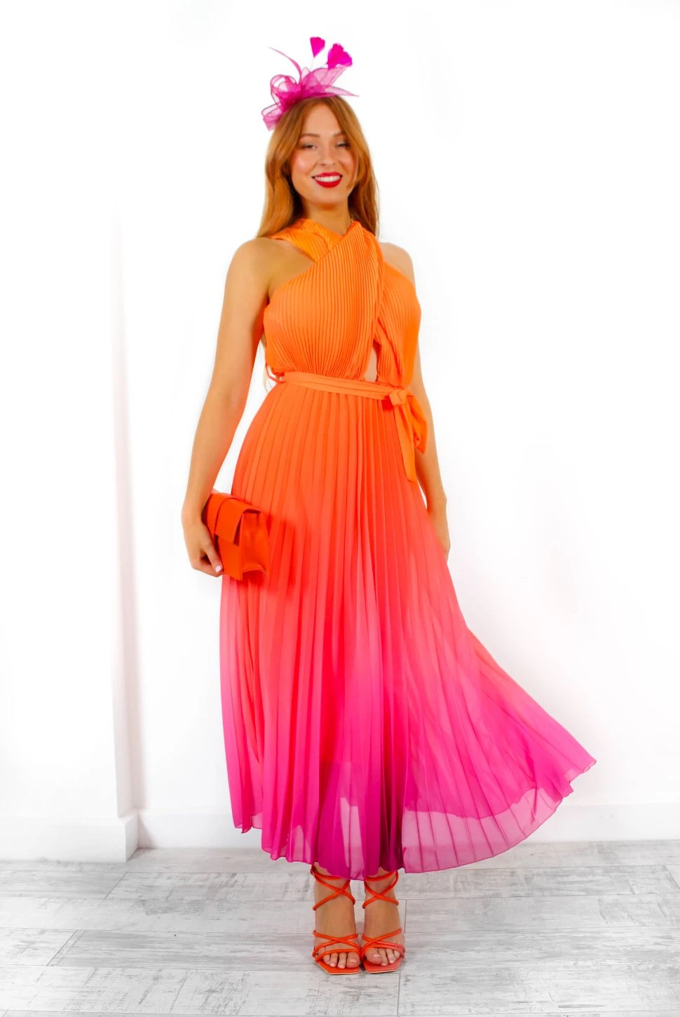 Artemis - Pink Orange Ombre Cross-Over Pleated Maxi Dress 7 Artemis - Pink Orange Ombre Cross-Over Pleated Maxi Dress - Image 7