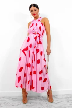 Artemis - Pink Red Print Pleated Maxi Dress -Glamoros Clothing Shop Artemis PinkRedPrintPleatedMaxiDress 3