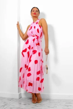 Artemis - Pink Red Print Pleated Maxi Dress -Glamoros Clothing Shop Artemis PinkRedPrintPleatedMaxiDress 4