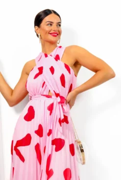 Artemis - Pink Red Print Pleated Maxi Dress -Glamoros Clothing Shop Artemis PinkRedPrintPleatedMaxiDress 5