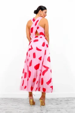 Artemis - Pink Red Print Pleated Maxi Dress -Glamoros Clothing Shop Artemis PinkRedPrintPleatedMaxiDress 7