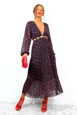 Bad Romance - Black Red Heart Print Pleated Midi Dress