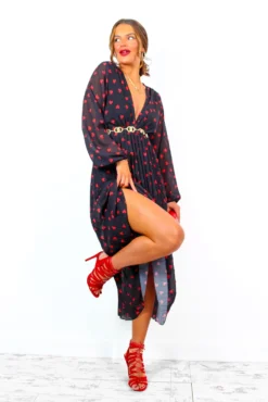 Bad Romance - Black Red Heart Print Pleated Midi Dress -Glamoros Clothing Shop BadRomance BlackRedHeartPrintPleatedMidiDress 5