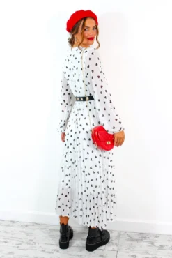 Bad Romance - White Black Heart Print Pleated Midi Dress -Glamoros Clothing Shop BadRomance WhiteBlackHeartPrintPleatedMidiDress 1