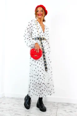 Bad Romance - White Black Heart Print Pleated Midi Dress -Glamoros Clothing Shop BadRomance WhiteBlackHeartPrintPleatedMidiDress 2