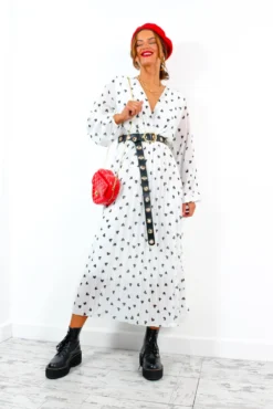 Bad Romance - White Black Heart Print Pleated Midi Dress -Glamoros Clothing Shop BadRomance WhiteBlackHeartPrintPleatedMidiDress 3