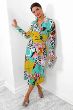 Be Your Fantasy - Turquoise Botanical Print Midi Dress