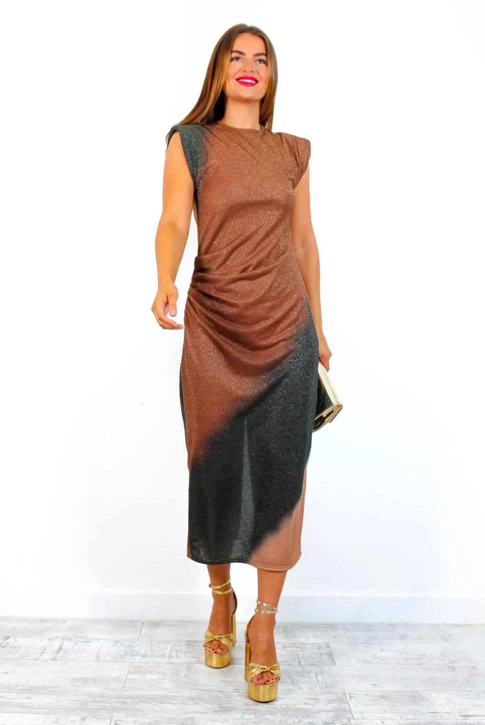 Beat The Ruche - Bronze Charcoal Lurex Midi Dress 4 Beat The Ruche - Bronze Charcoal Lurex Midi Dress - Image 4