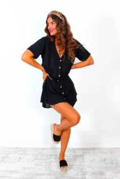 Beat You To It - Black Button Up Smock Mini Dress -Glamoros Clothing Shop BeatYouToIt BlackButtonUpSmockMiniDress 1