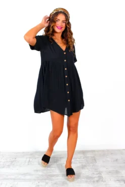 Beat You To It - Black Button Up Smock Mini Dress