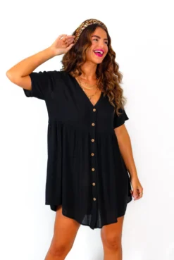 Beat You To It - Black Button Up Smock Mini Dress -Glamoros Clothing Shop BeatYouToIt BlackButtonUpSmockMiniDress 4