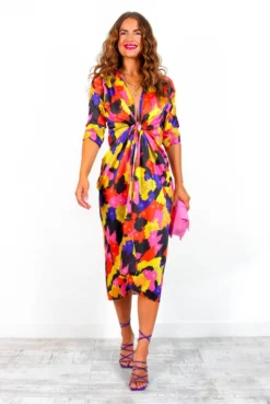 New Release -Glamoros Clothing Shop BestIntentions PinkYellowPrintedMidiWrapDress 5