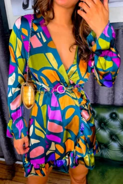 Better Shape Up - Forest Multi Abstract Mini Wrap Dress
